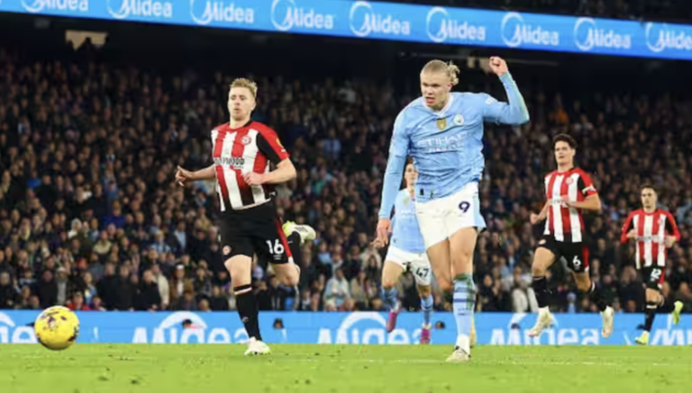 Manchester City's Erling Haaland scores during the Premier League match between against Brentford FC at Etihad Stadium on February 20, 2024 in Manchester, England. ( Image Source : Getty )